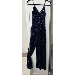Lulus Navy Sequin Spaghetti-Strap Jumpsuit
